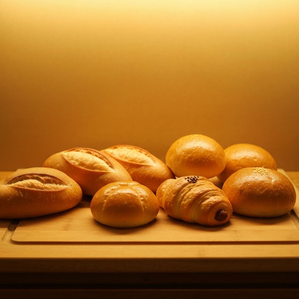 Fresh Vietnamese baguette bread and bakery pastries on a wooden board